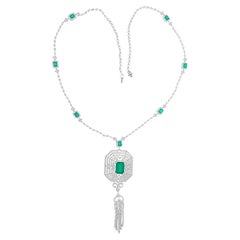 Collar Largo de Diamantes SI/H con Esmeralda de Zambia Inspirado en el Art Decó de Oro Blanco de 14 K
