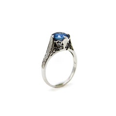 14K White Gold Art Deco Natural Blue Sapphire Filigree Ring