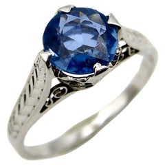 14K White Gold Art Deco Natural Blue Sapphire Filigree Ring 