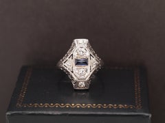 14K White Gold Art Deco Old European Diamond and Sapphire Shield Ring