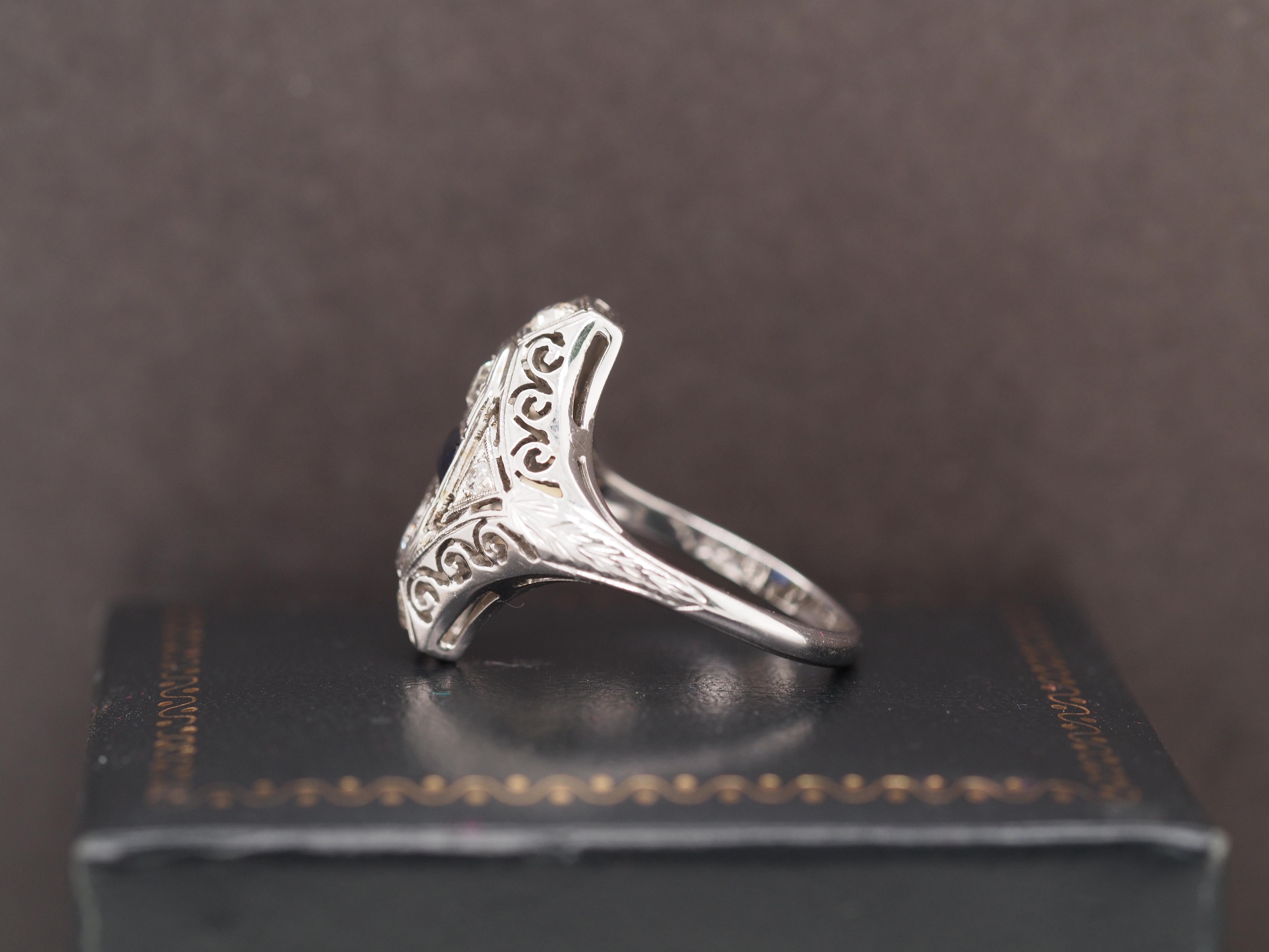 Women's 14K White Gold Art Deco Old European Diamond and Sapphire Shield Ring For Sale