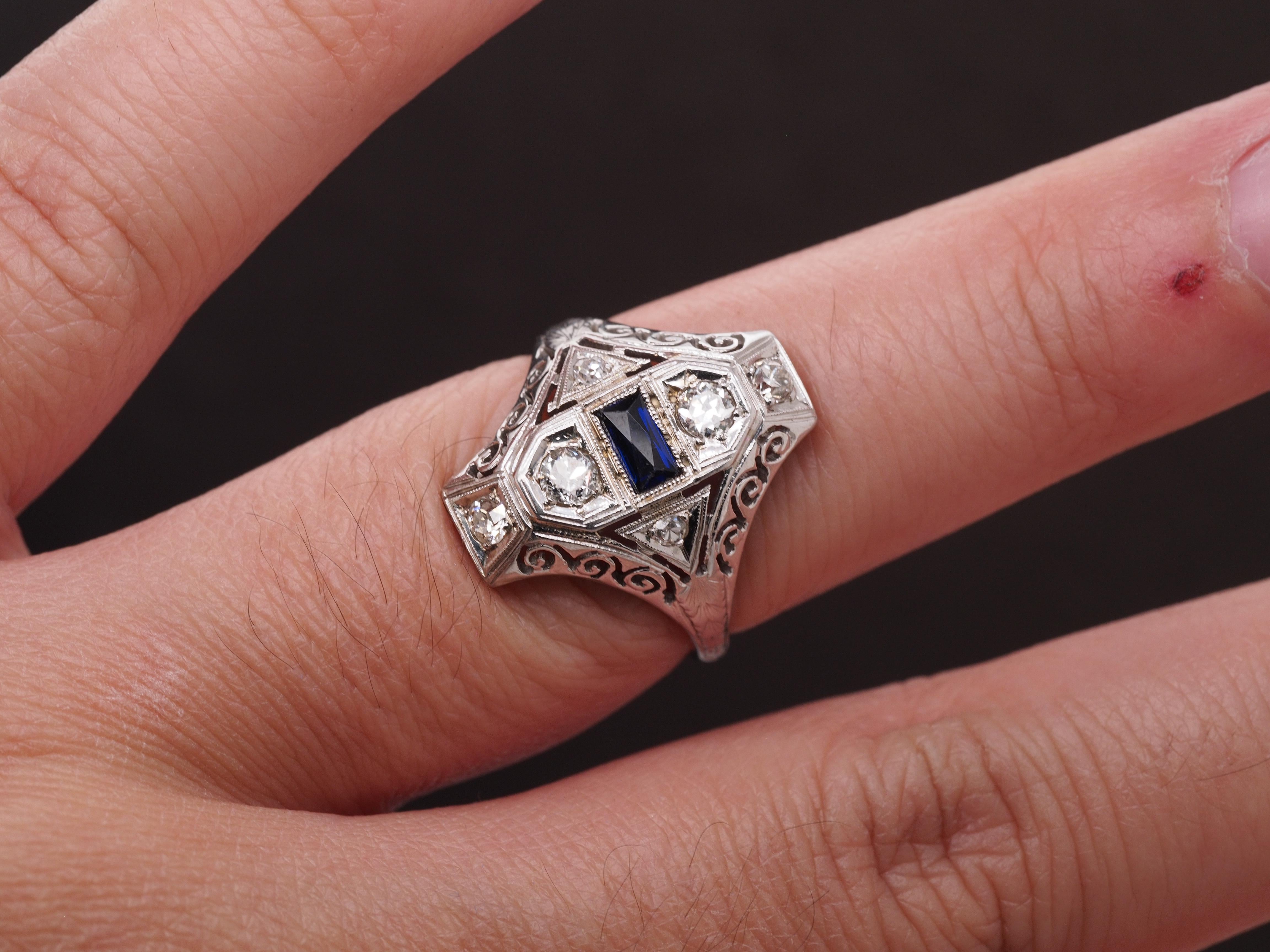 14K White Gold Art Deco Old European Diamond and Sapphire Shield Ring For Sale 4