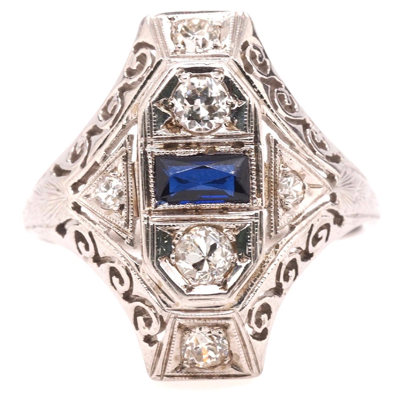 14K White Gold Art Deco Old European Diamond and Sapphire Shield Ring For Sale
