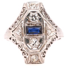 14K White Gold Art Deco Old European Diamond and Sapphire Shield Ring