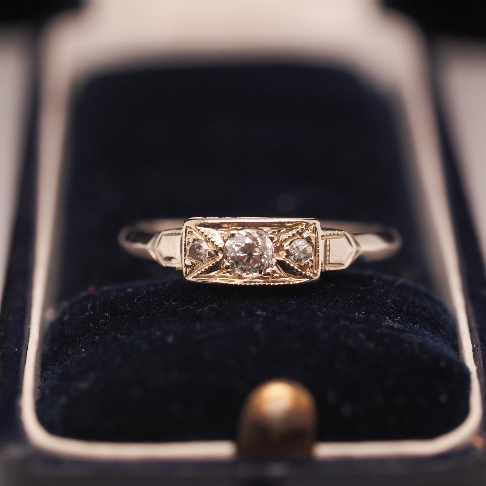 Old Mine Cut 14K White Gold Art Deco Old Mine Diamond Engagement Ring