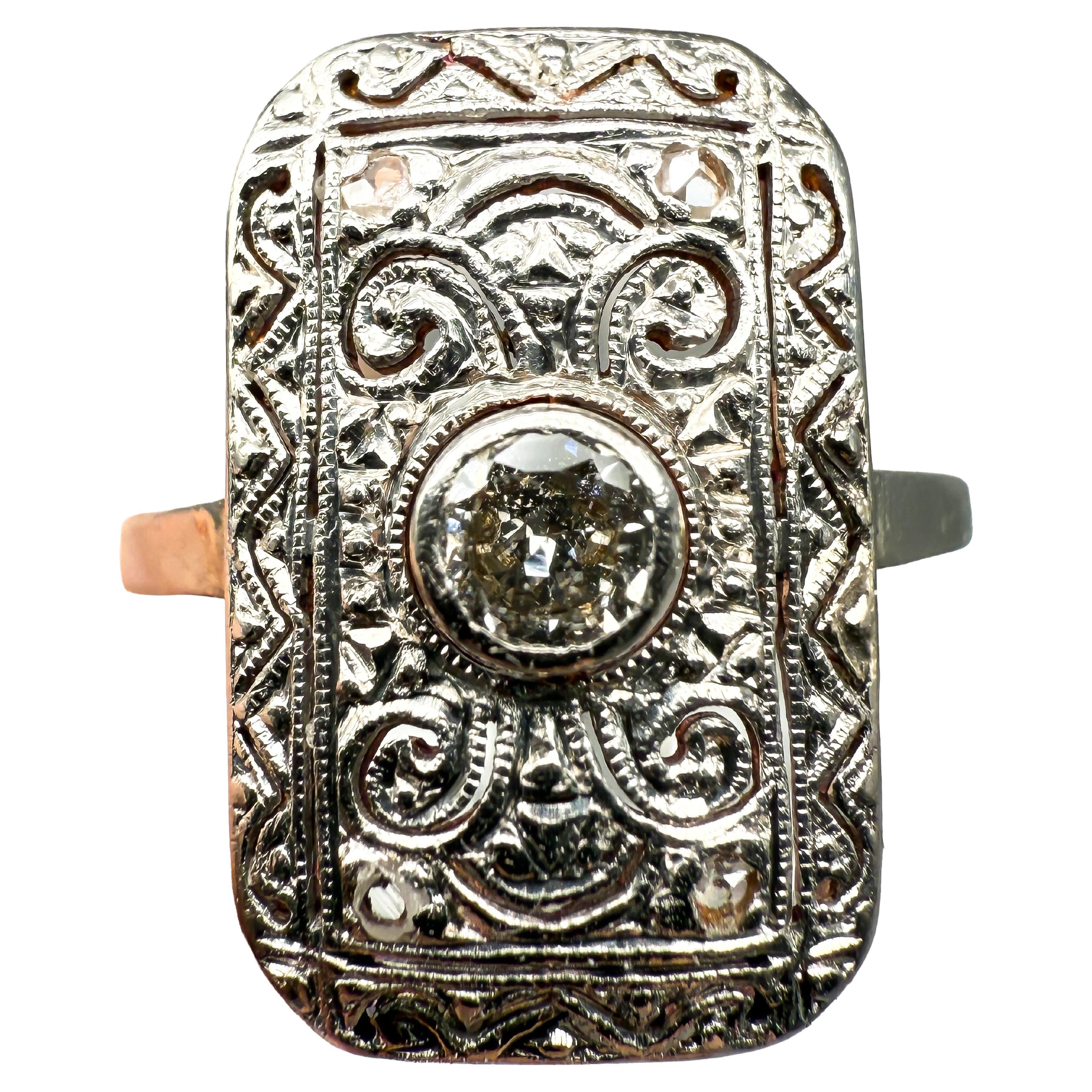 14K White Gold Art Deco Ring with Diamonds; Certificate Included