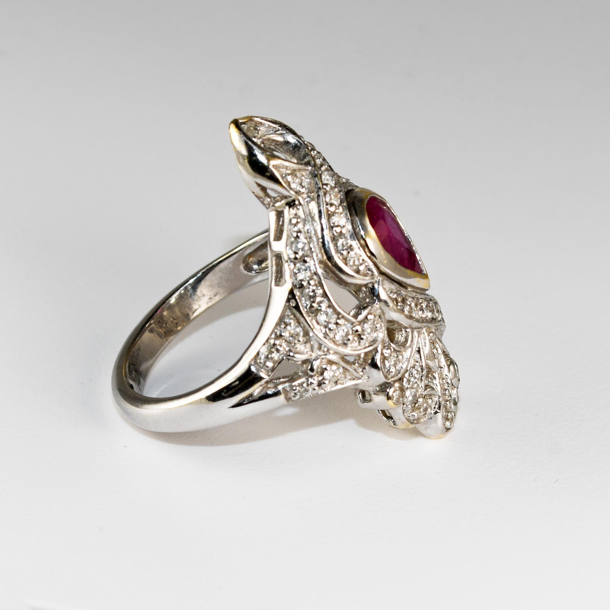 Pear Cut 14K White Gold Art Deco Ruby & Diamond Ring For Sale