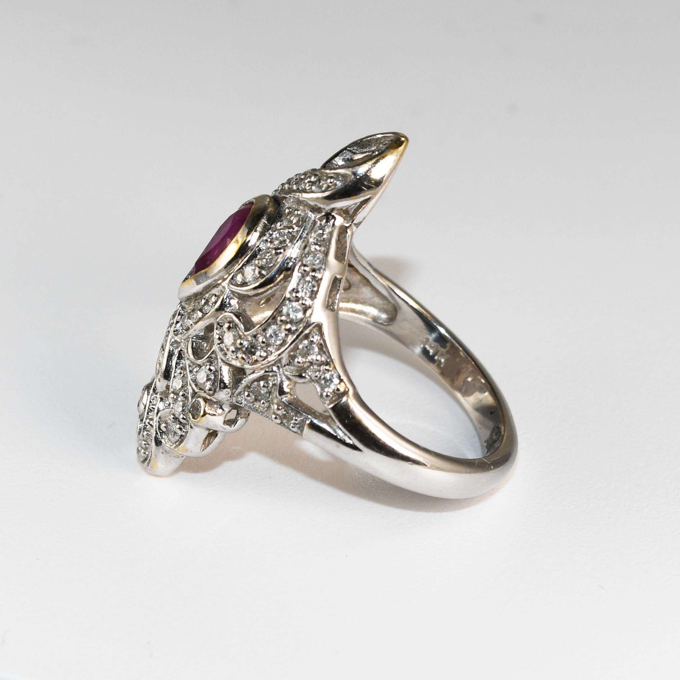 Women's or Men's 14K White Gold Art Deco Ruby & Diamond Ring For Sale