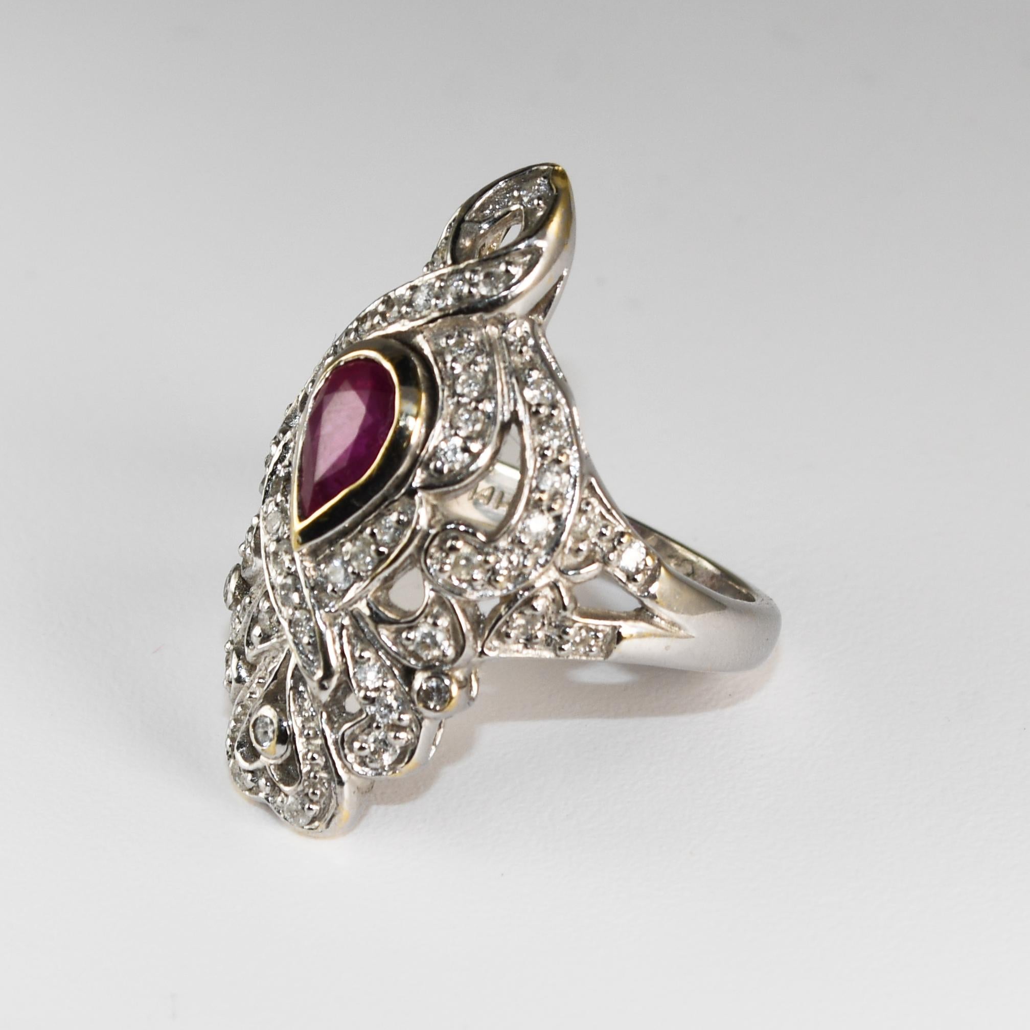 14K White Gold Art Deco Ruby & Diamond Ring For Sale 1