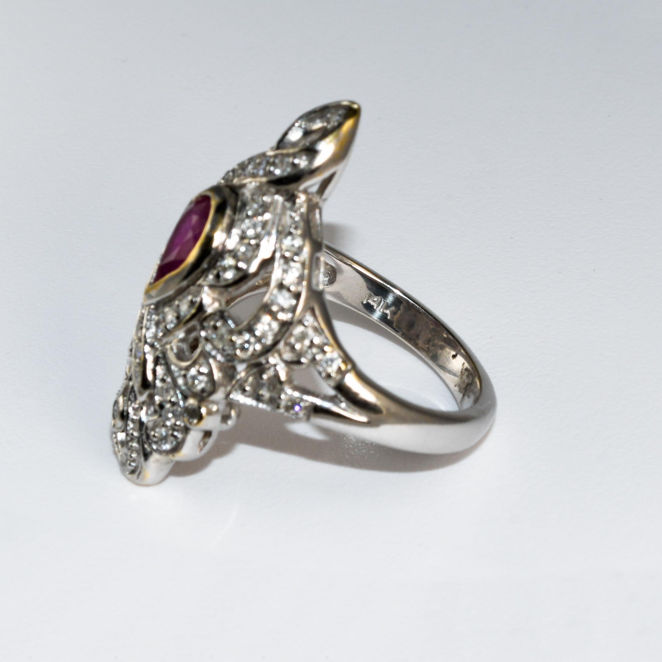 14K White Gold Art Deco Ruby & Diamond Ring For Sale 2