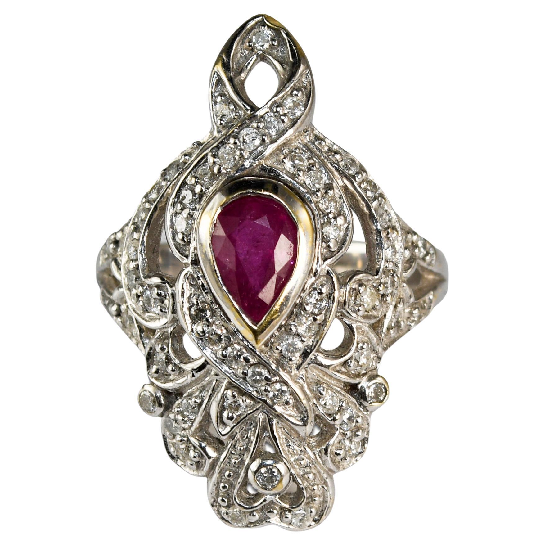 14K White Gold Art Deco Ruby & Diamond Ring