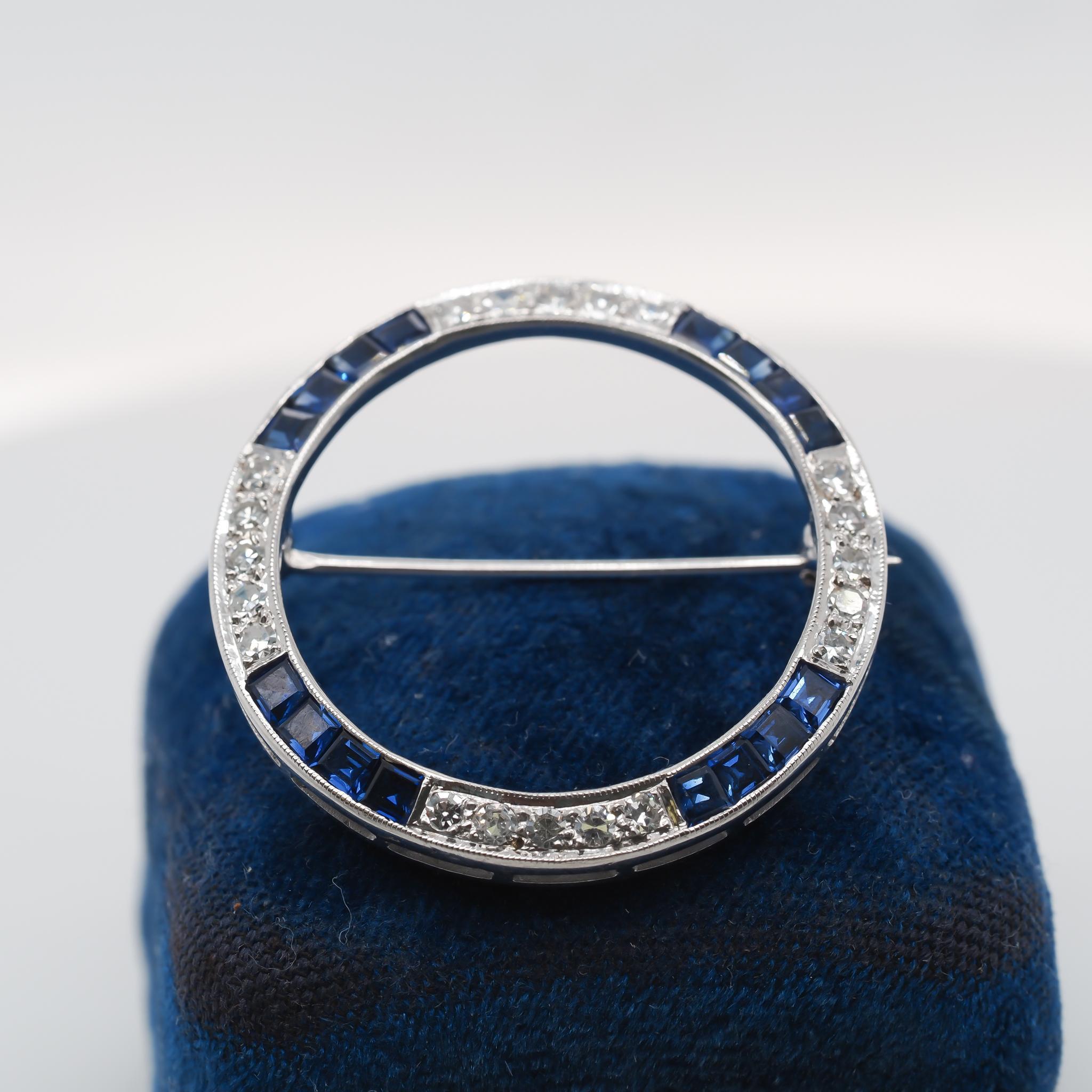 Square Cut 14K White Gold Art Deco Sapphire and Diamond Brooch For Sale