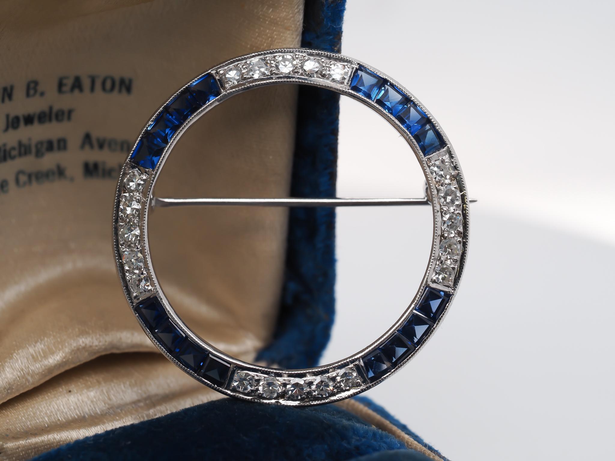 14K White Gold Art Deco Sapphire and Diamond Brooch For Sale 2