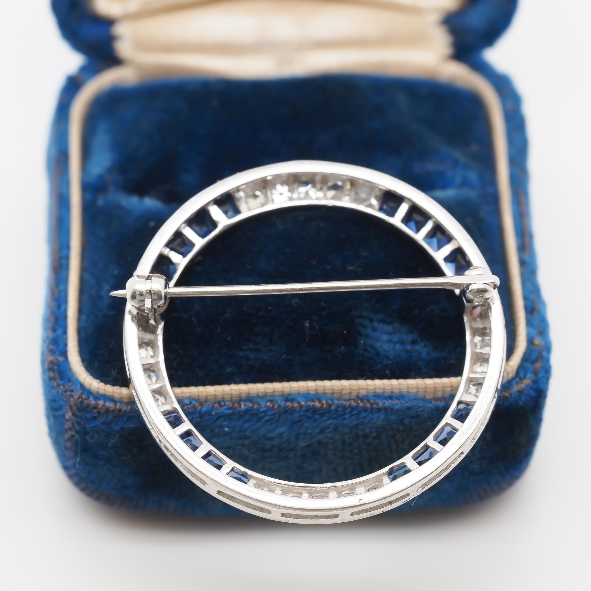 14K White Gold Art Deco Sapphire and Diamond Brooch For Sale 3