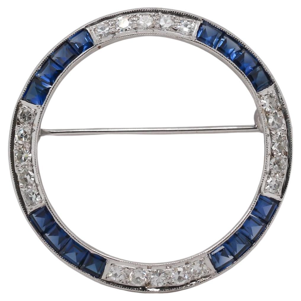 14K White Gold Art Deco Sapphire and Diamond Brooch