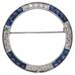 14K White Gold Art Deco Sapphire and Diamond Brooch