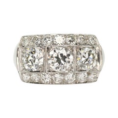 14k White Gold Art Deco Style 3 Diamonds with 2 Rows of Diamonds