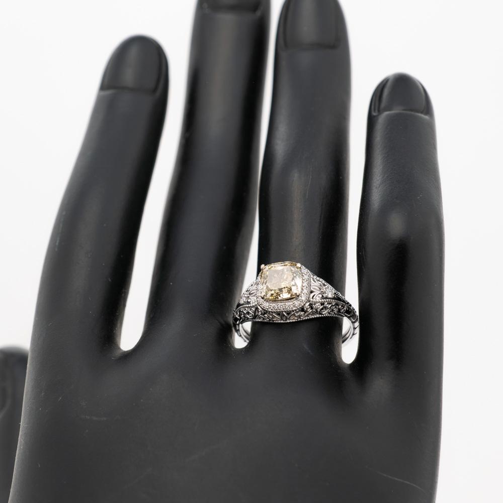 Women's 14k White Gold Art Deco Style GIA 1.51ct Cushion Center Diamond Engagement Ring.