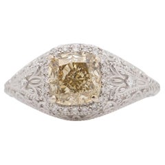 14k White Gold Art Deco Style GIA 1.51ct Cushion Center Diamond Engagement Ring.
