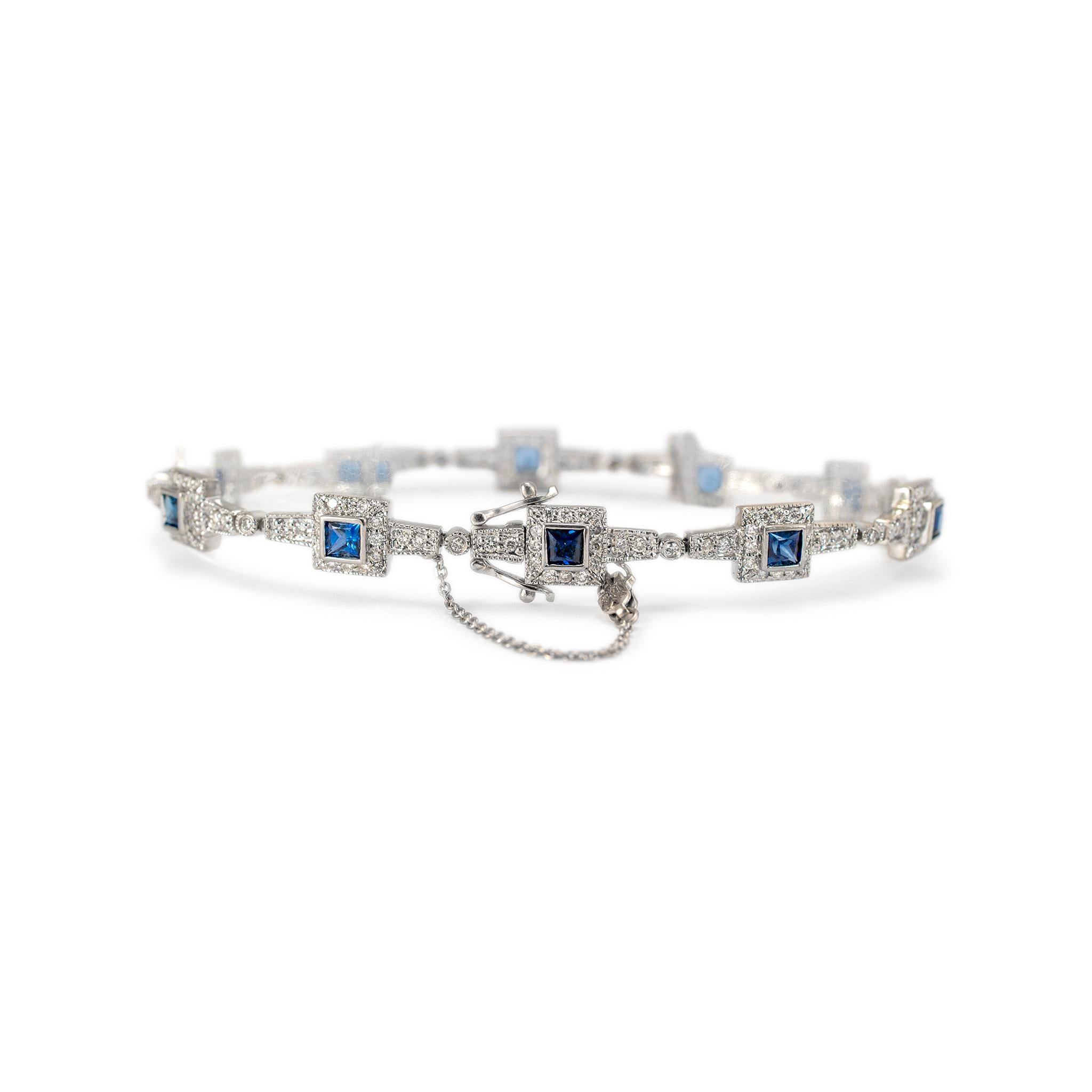 14K Weißgold Art-Deco Stil Quadratischer Saphir Halo Diamant Gliederarmband (Carréschliff)