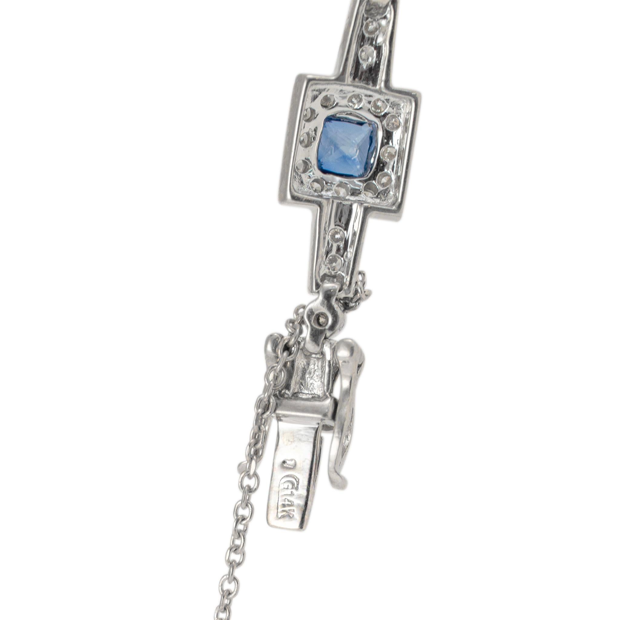14K Weißgold Art-Deco Stil Quadratischer Saphir Halo Diamant Gliederarmband im Zustand „Hervorragend“ in Houston, TX