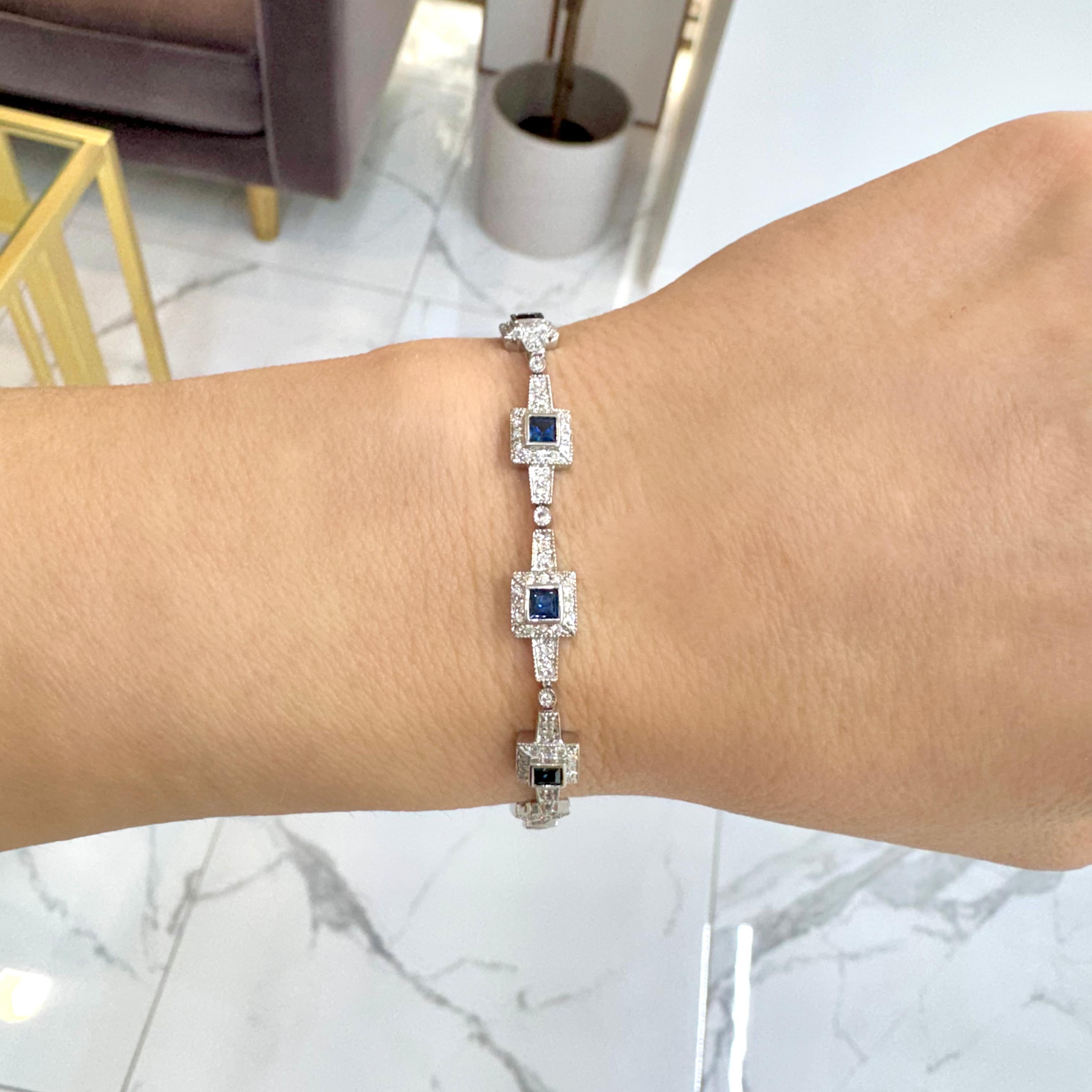 14K Weißgold Art-Deco Stil Quadratischer Saphir Halo Diamant Gliederarmband Damen