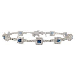 14K Weißgold Art-Deco Stil Quadratischer Saphir Halo Diamant Gliederarmband
