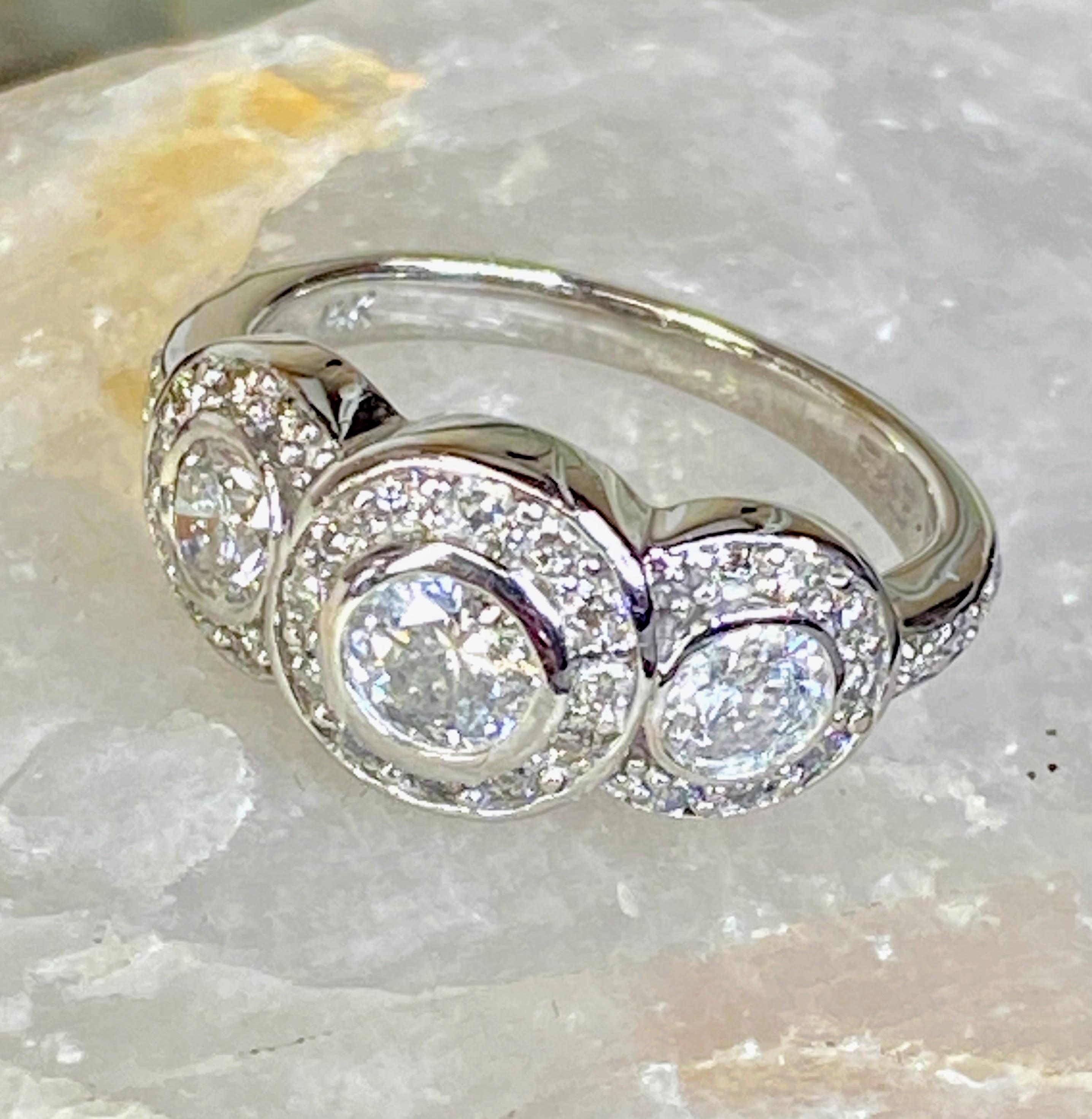 14K White Gold Art Deco Style Three Stone Circlet Halo Bezel Engagement Ring For Sale 5