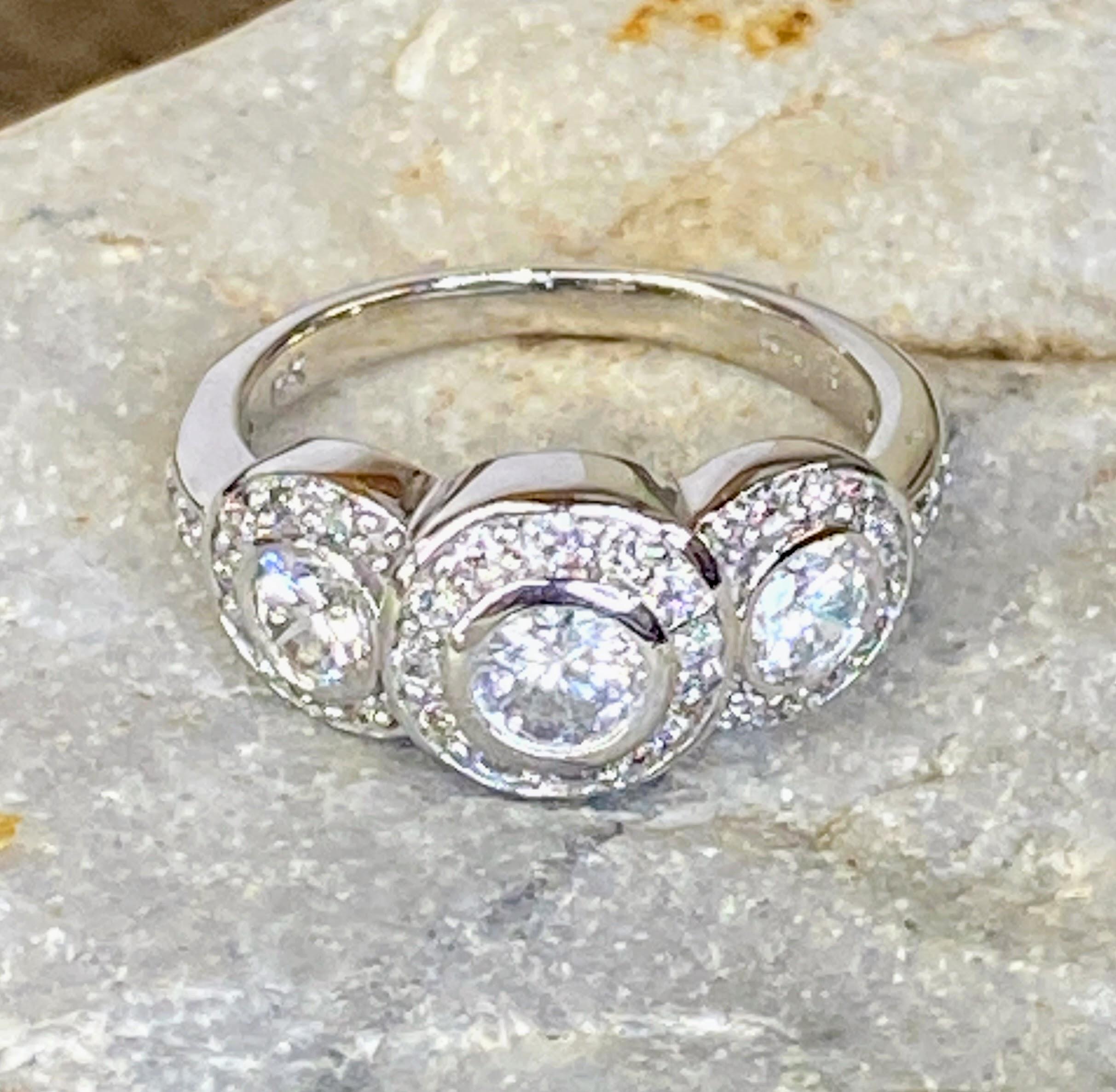 14K White Gold Art Deco Style Three Stone Circlet Halo Bezel Engagement Ring For Sale 6