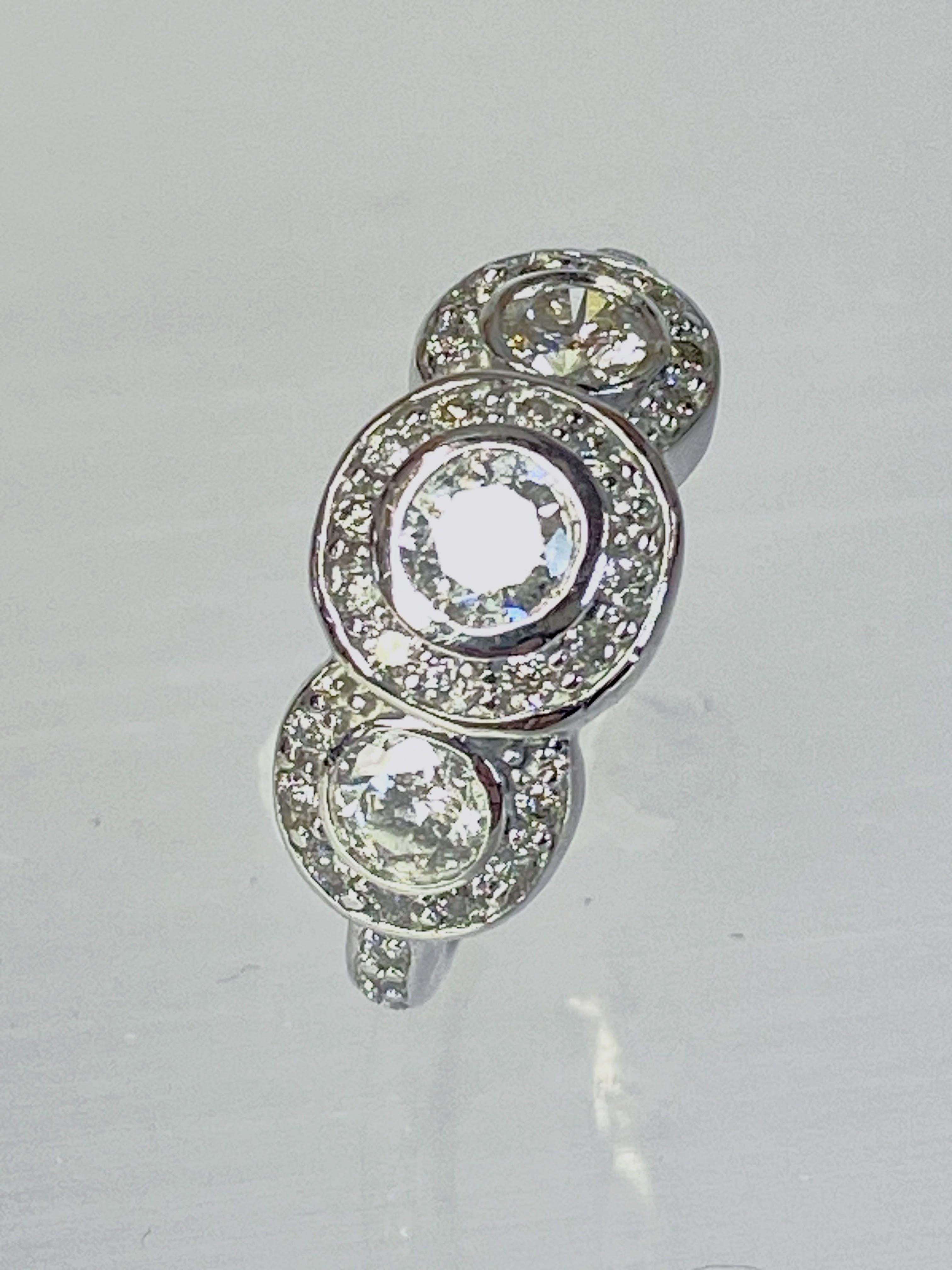 14K White Gold Art Deco Style Three Stone Circlet Halo Bezel Engagement Ring For Sale 7