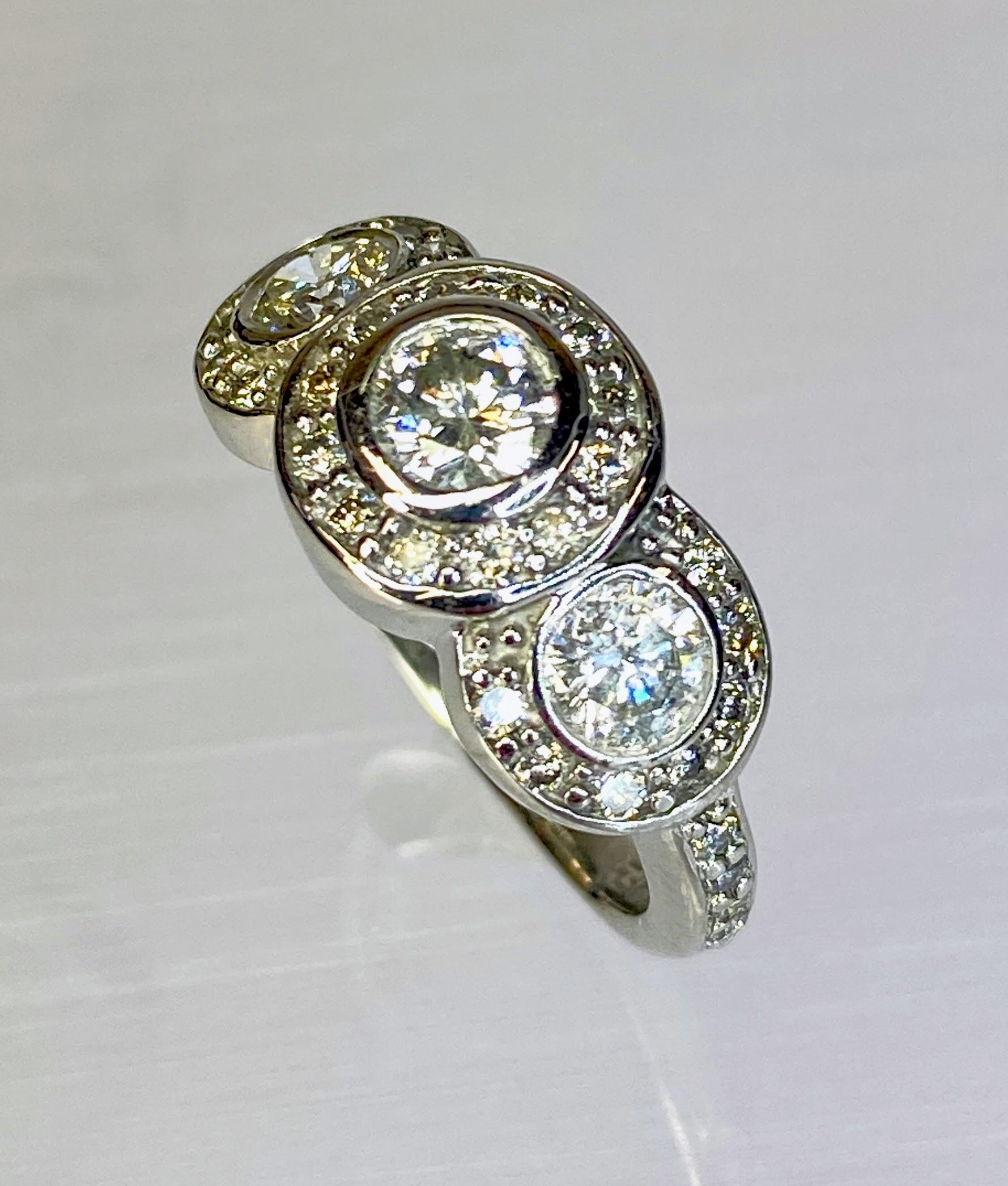 14K White Gold Art Deco Style Three Stone Circlet Halo Bezel Engagement Ring For Sale 8
