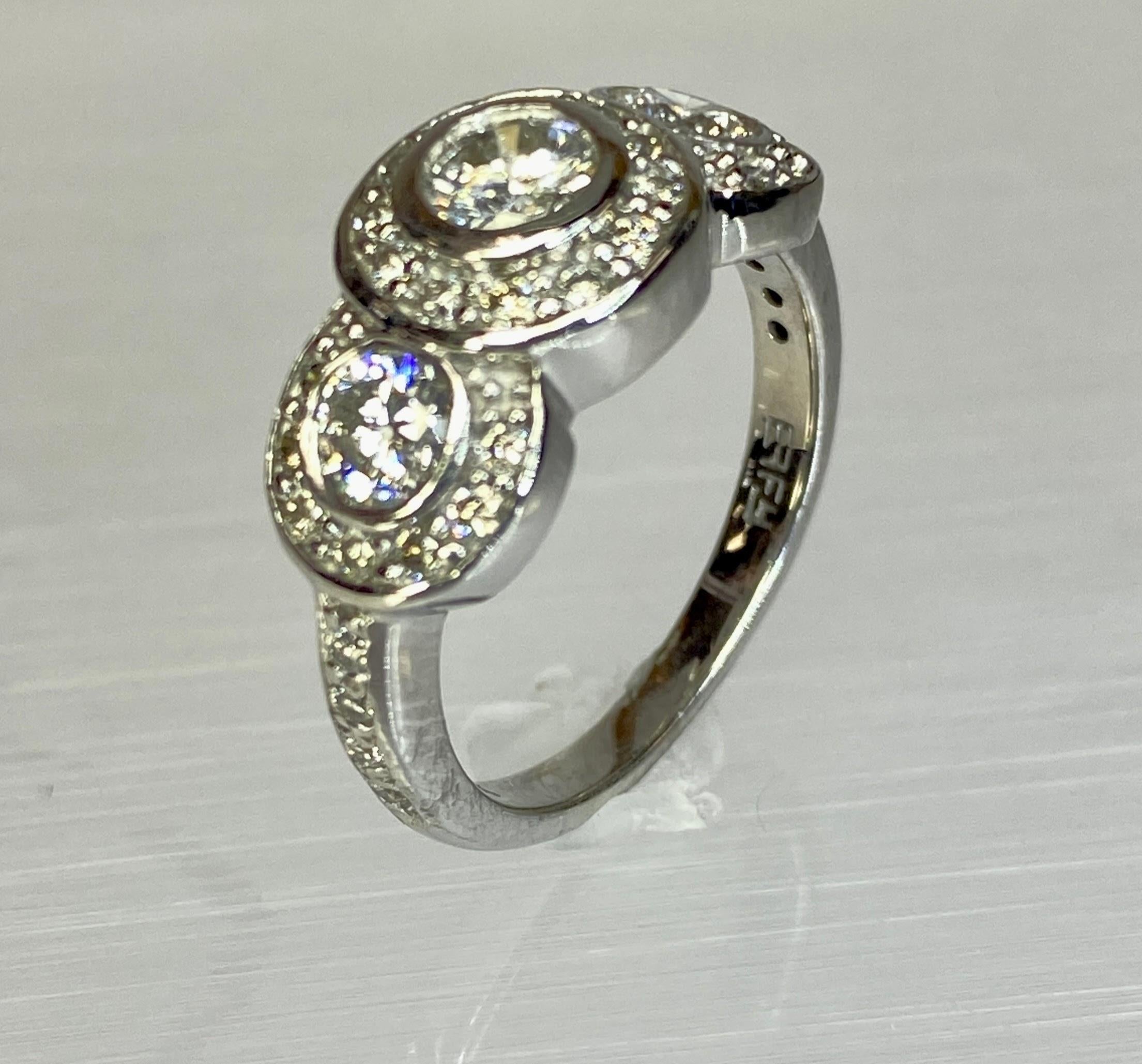 14K White Gold Art Deco Style Three Stone Circlet Halo Bezel Engagement Ring For Sale 9