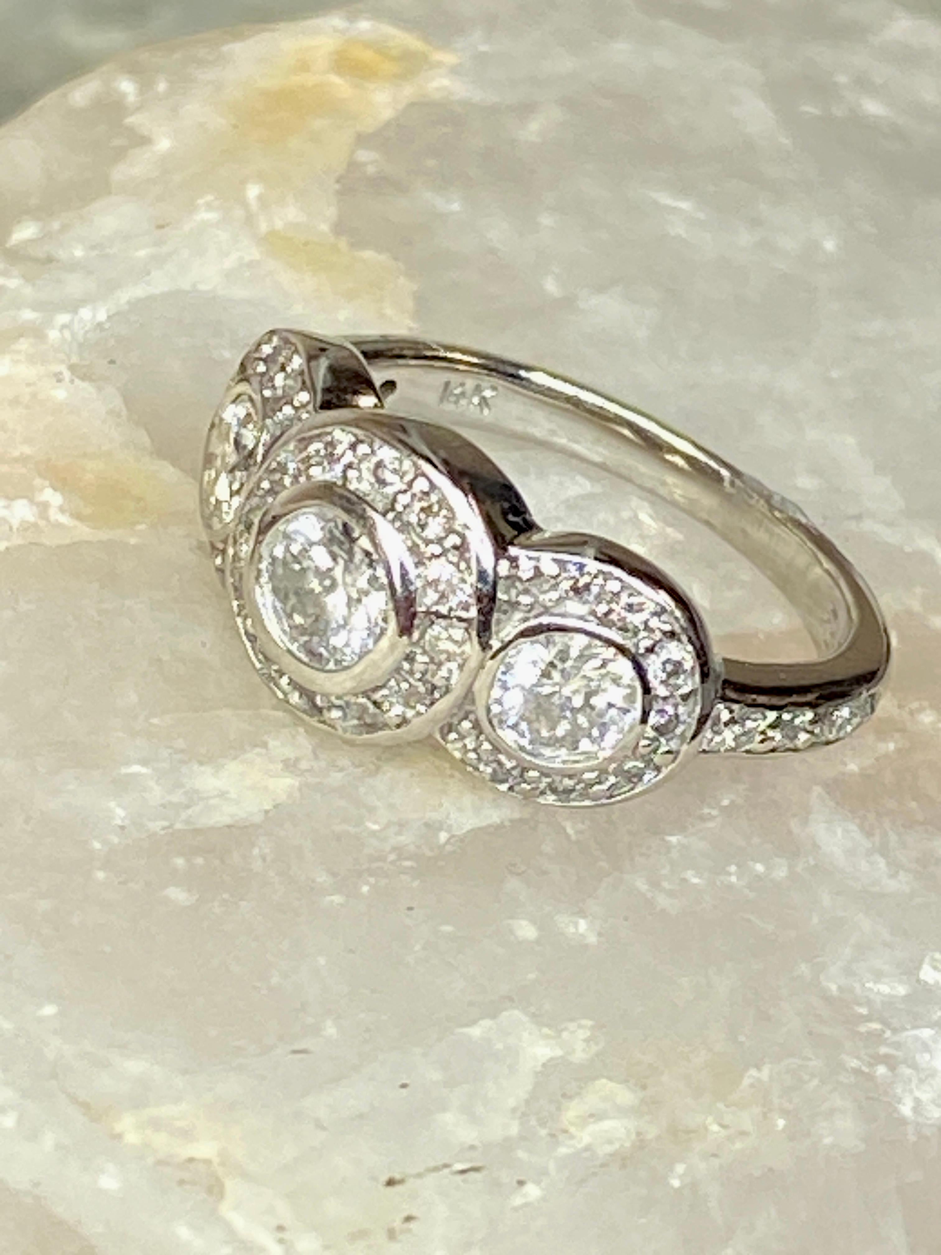 14K White Gold Art Deco Style Three Stone Circlet Halo Bezel Engagement Ring For Sale 10