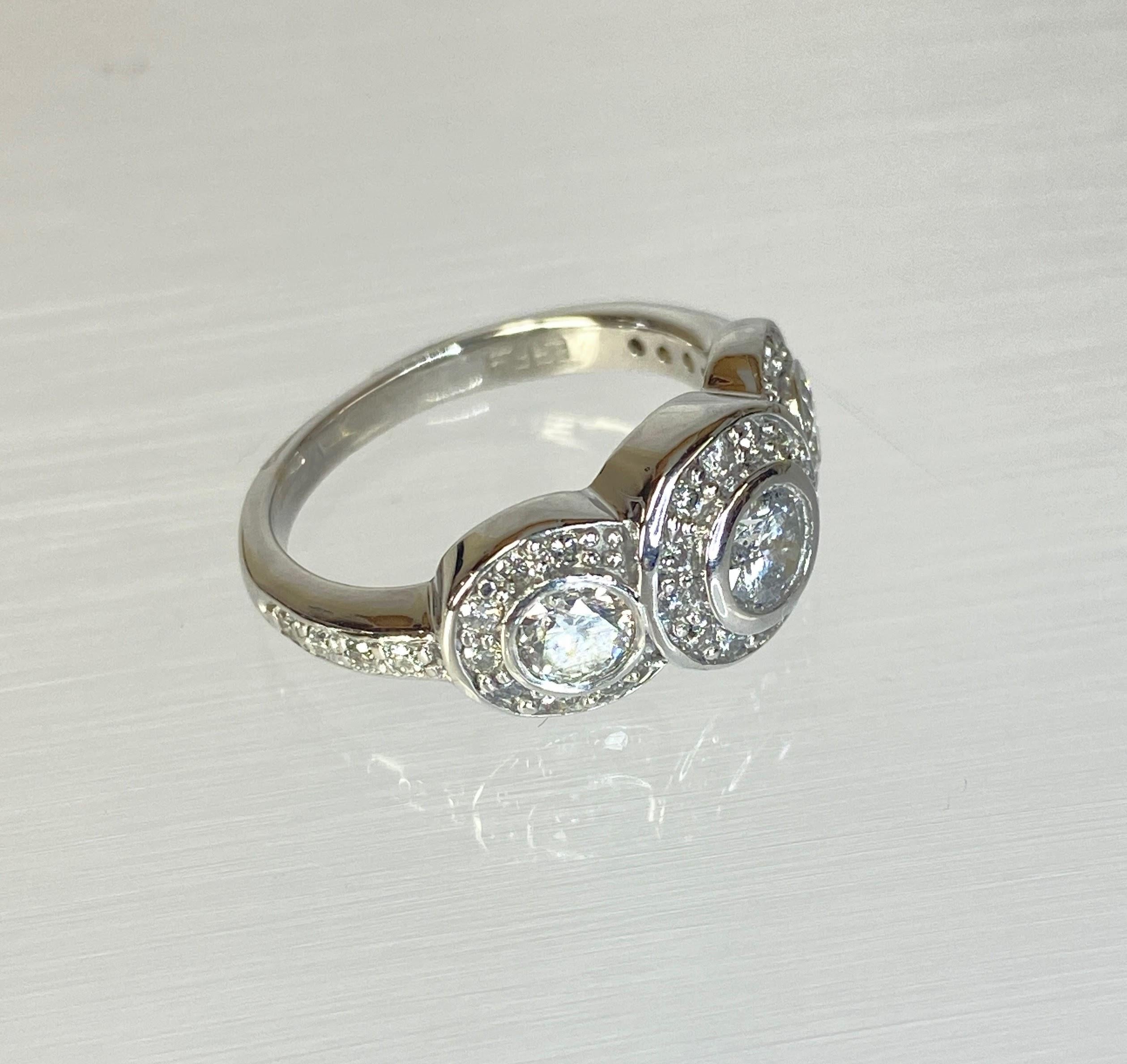 Modern 14K White Gold Art Deco Style Three Stone Circlet Halo Bezel Engagement Ring For Sale