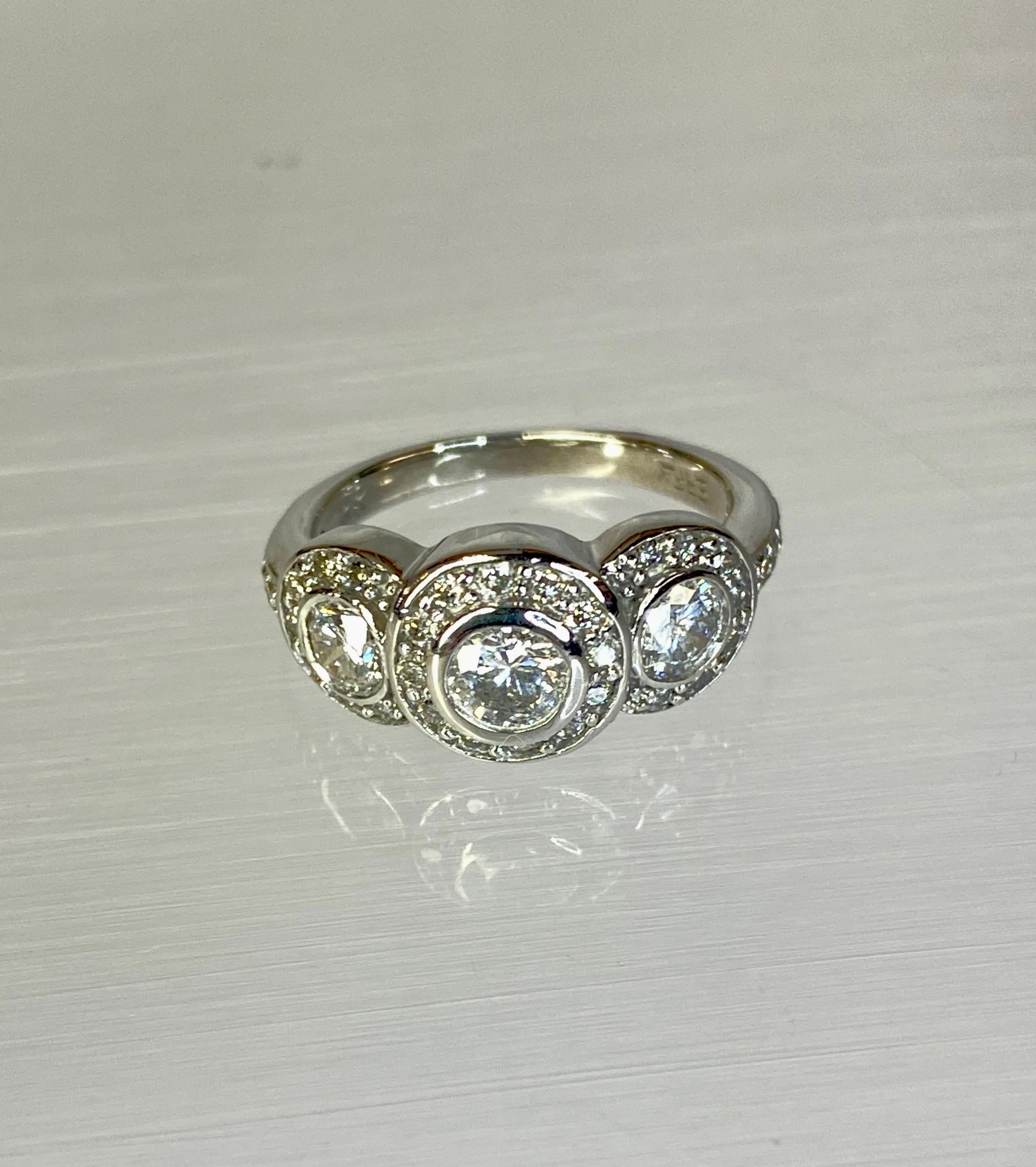 14K White Gold Art Deco Style Three Stone Circlet Halo Bezel Engagement Ring In Good Condition For Sale In San Jacinto, CA