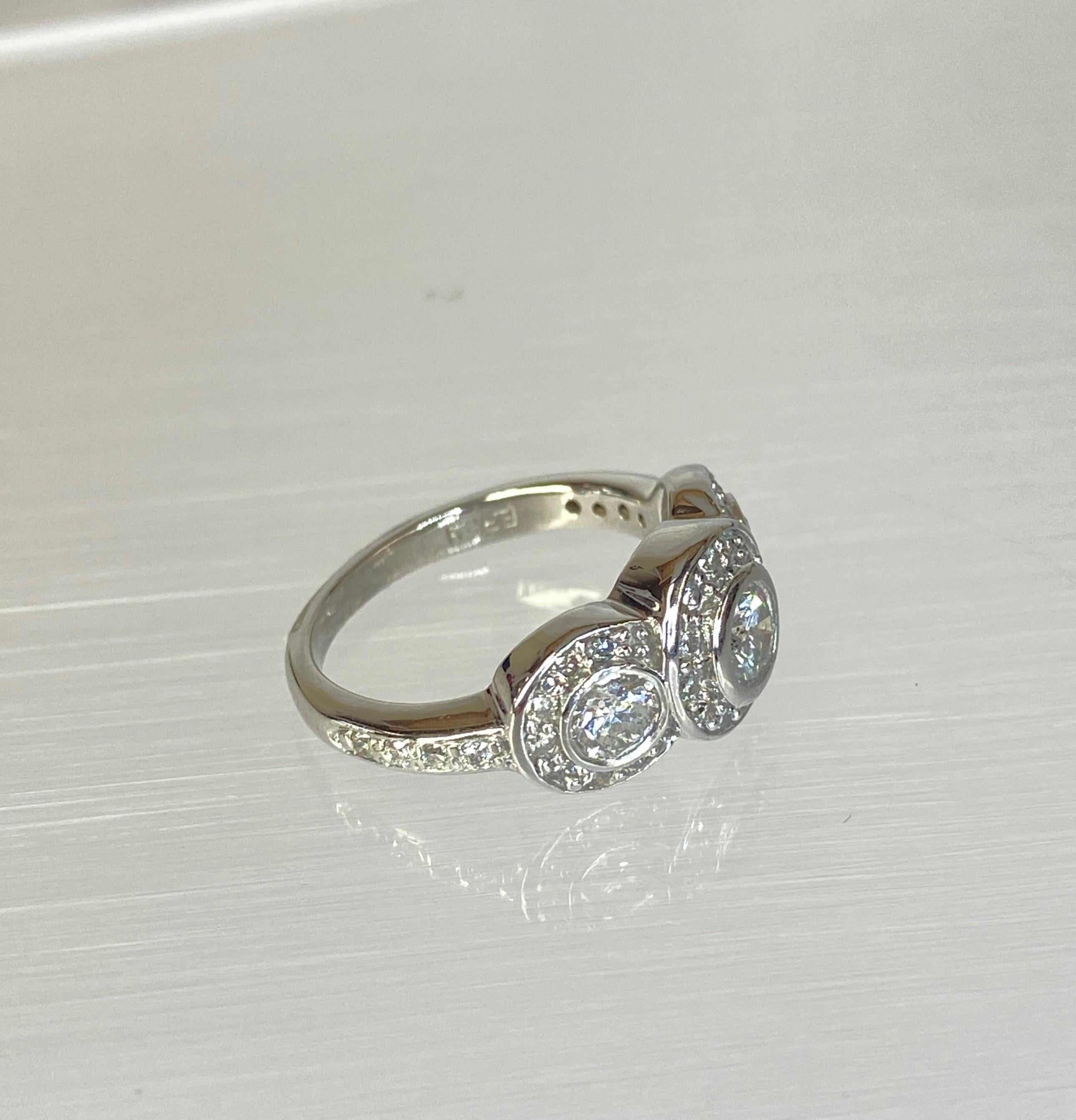 Women's or Men's 14K White Gold Art Deco Style Three Stone Circlet Halo Bezel Engagement Ring For Sale