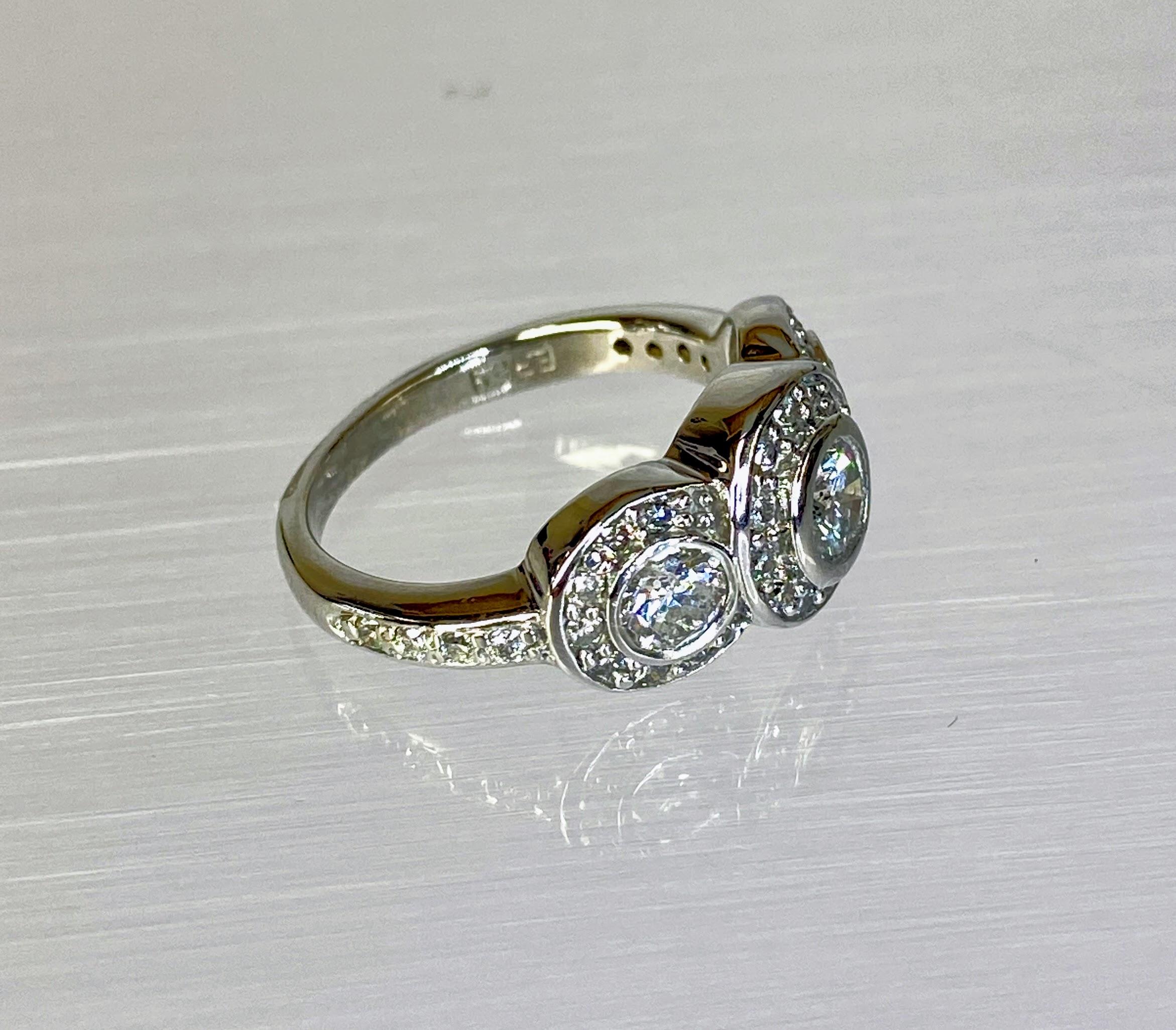 14K White Gold Art Deco Style Three Stone Circlet Halo Bezel Engagement Ring For Sale 1