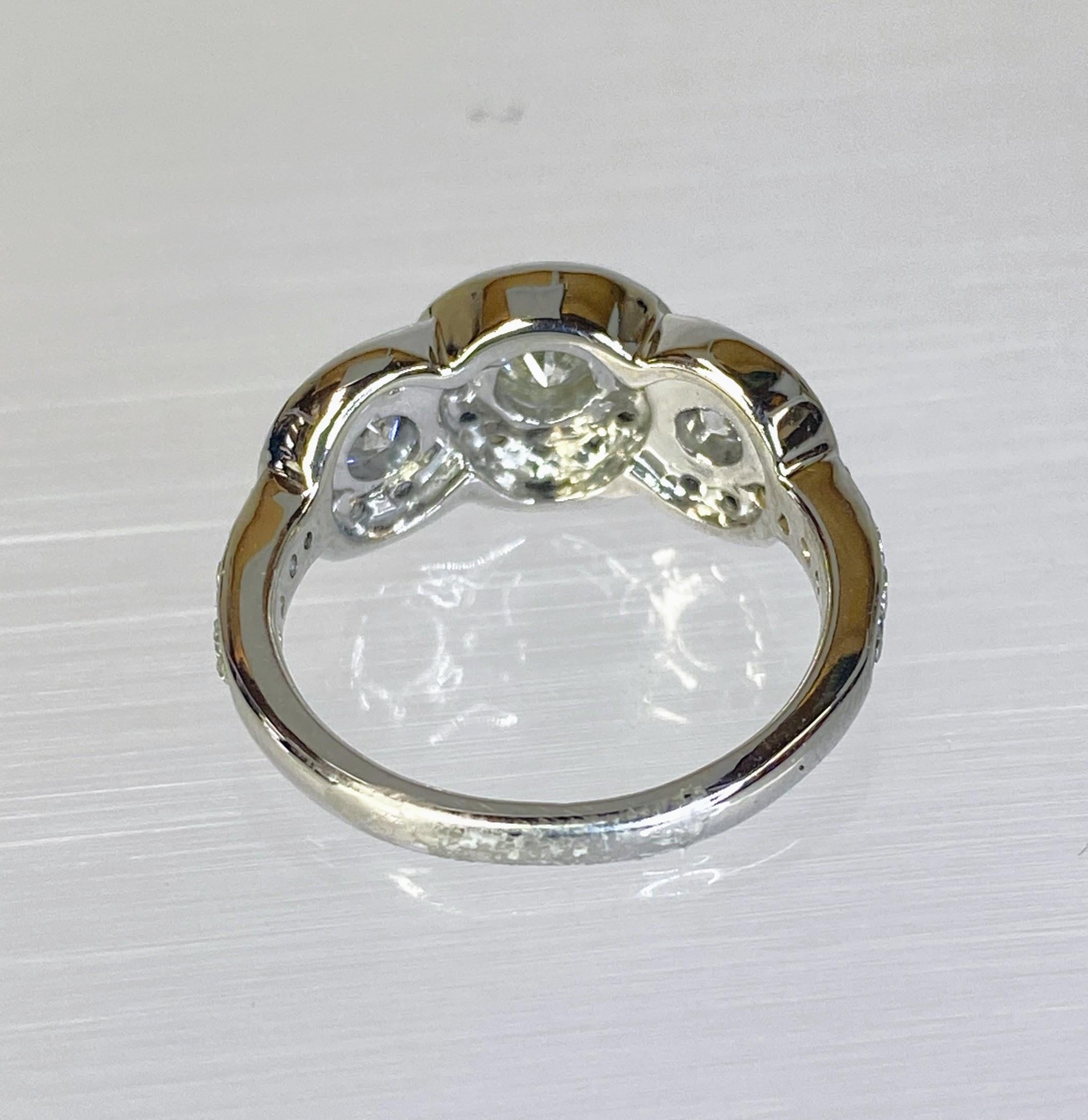 14K White Gold Art Deco Style Three Stone Circlet Halo Bezel Engagement Ring For Sale 2