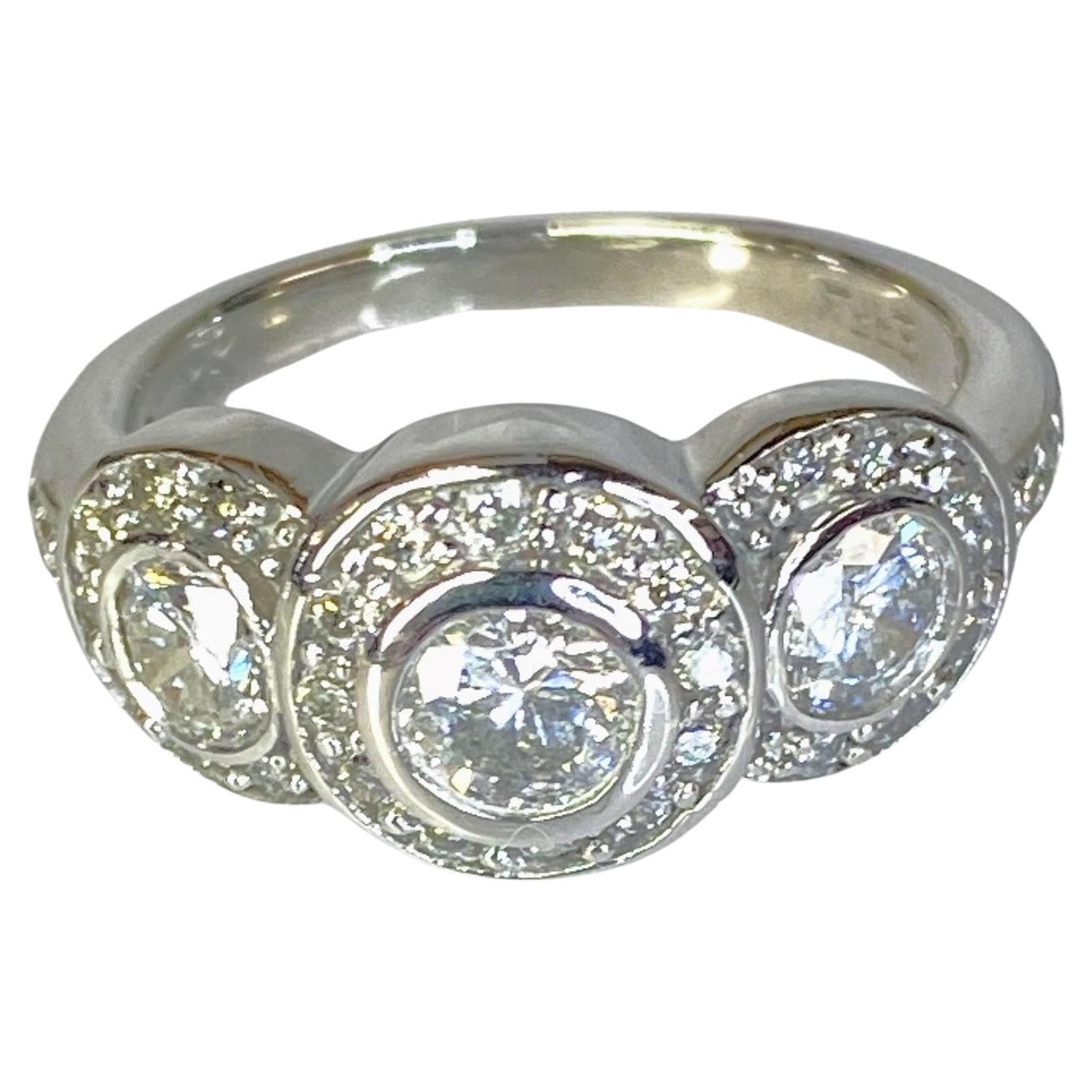 14K White Gold Art Deco Style Three Stone Circlet Halo Bezel Engagement Ring For Sale