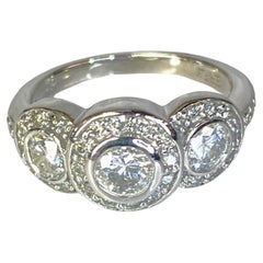 14K White Gold Art Deco Style Three Stone Circlet Halo Bezel Engagement Ring