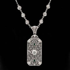 14k White Gold Art Deco Styled Diamond & Emerald Necklace