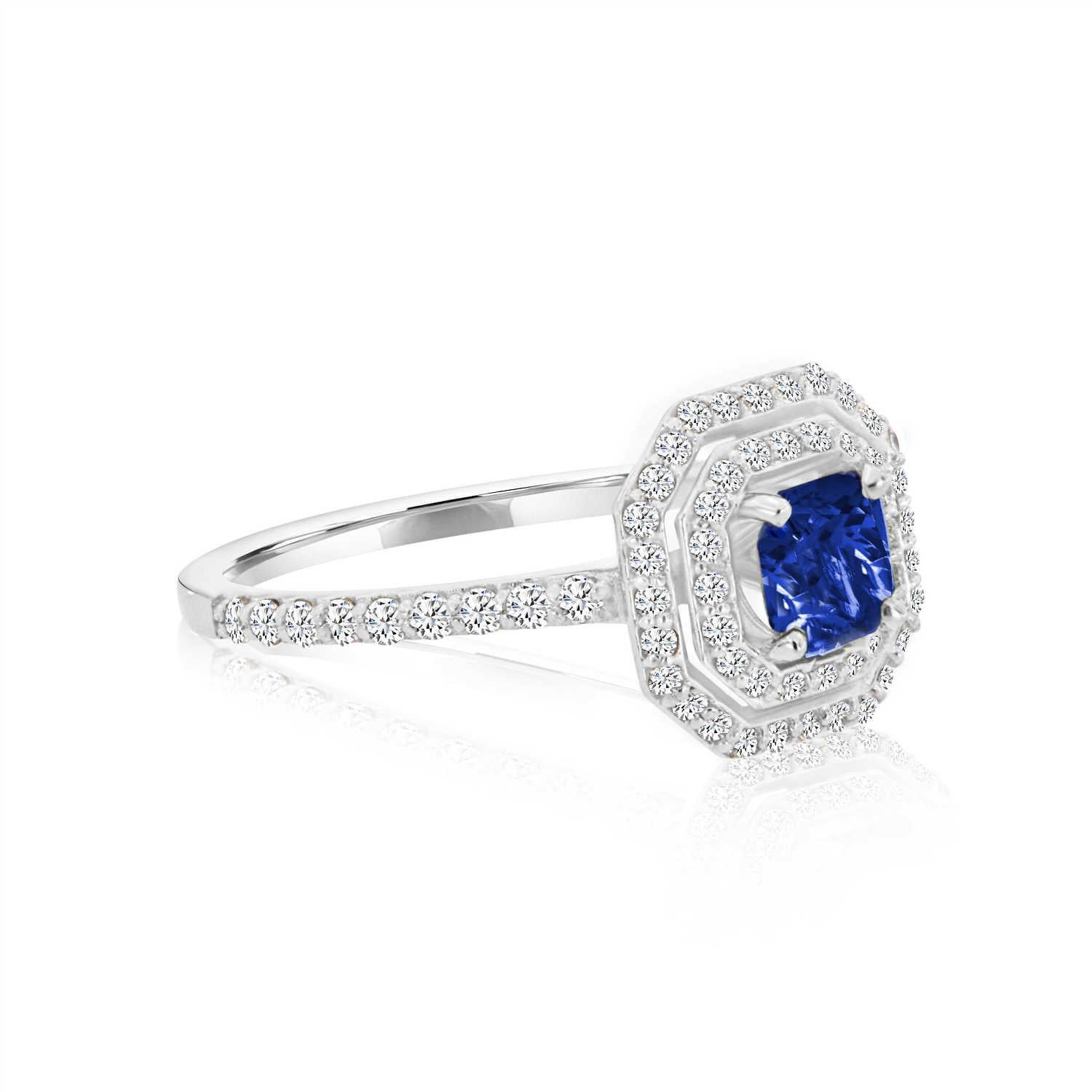 Taille Asscher Bague en or 14 carats avec saphir bleu taille Asscher et halo de diamants 0,62 carat en vente