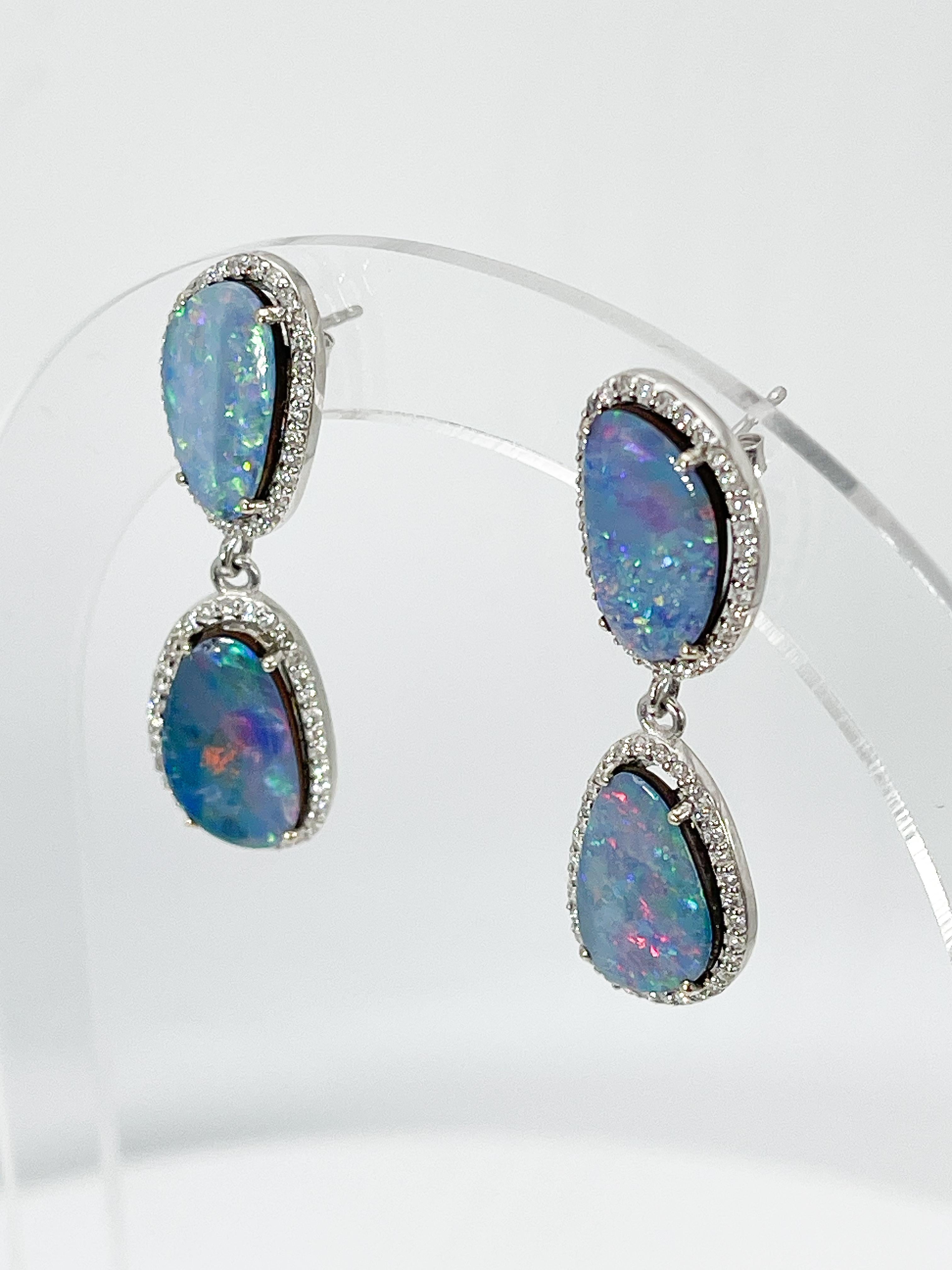 14K White Gold Australian Opal and .65 CTW Diamond Earrings In New Condition For Sale In Stuart, FL