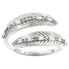 14K White Gold Baguette and Round Cut Diamond Feather Bypass Ring