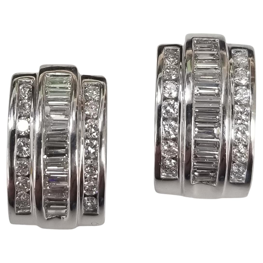 14K White Gold baguette and round diamond Channel set earrings 1.30cts. For Sale