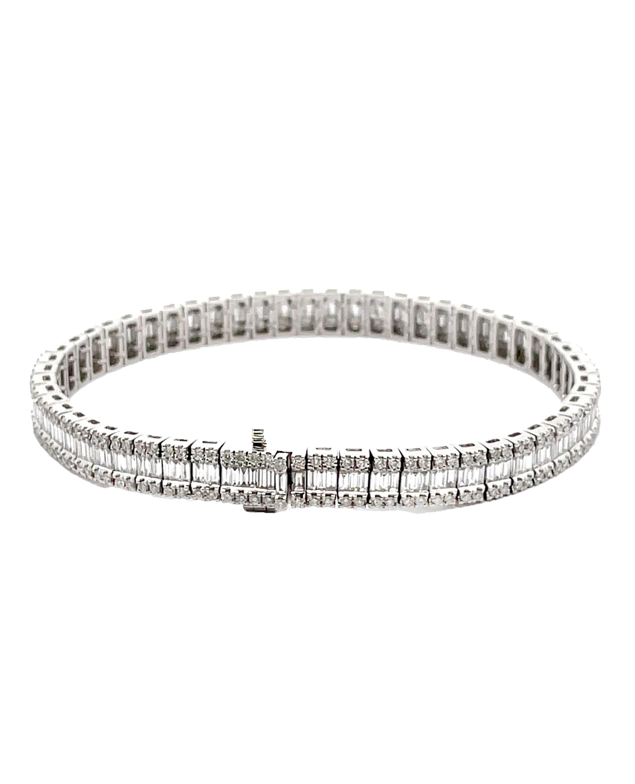 Baguette Cut 14K White Gold Baguette and Round Diamond Tennis Bracelet For Sale