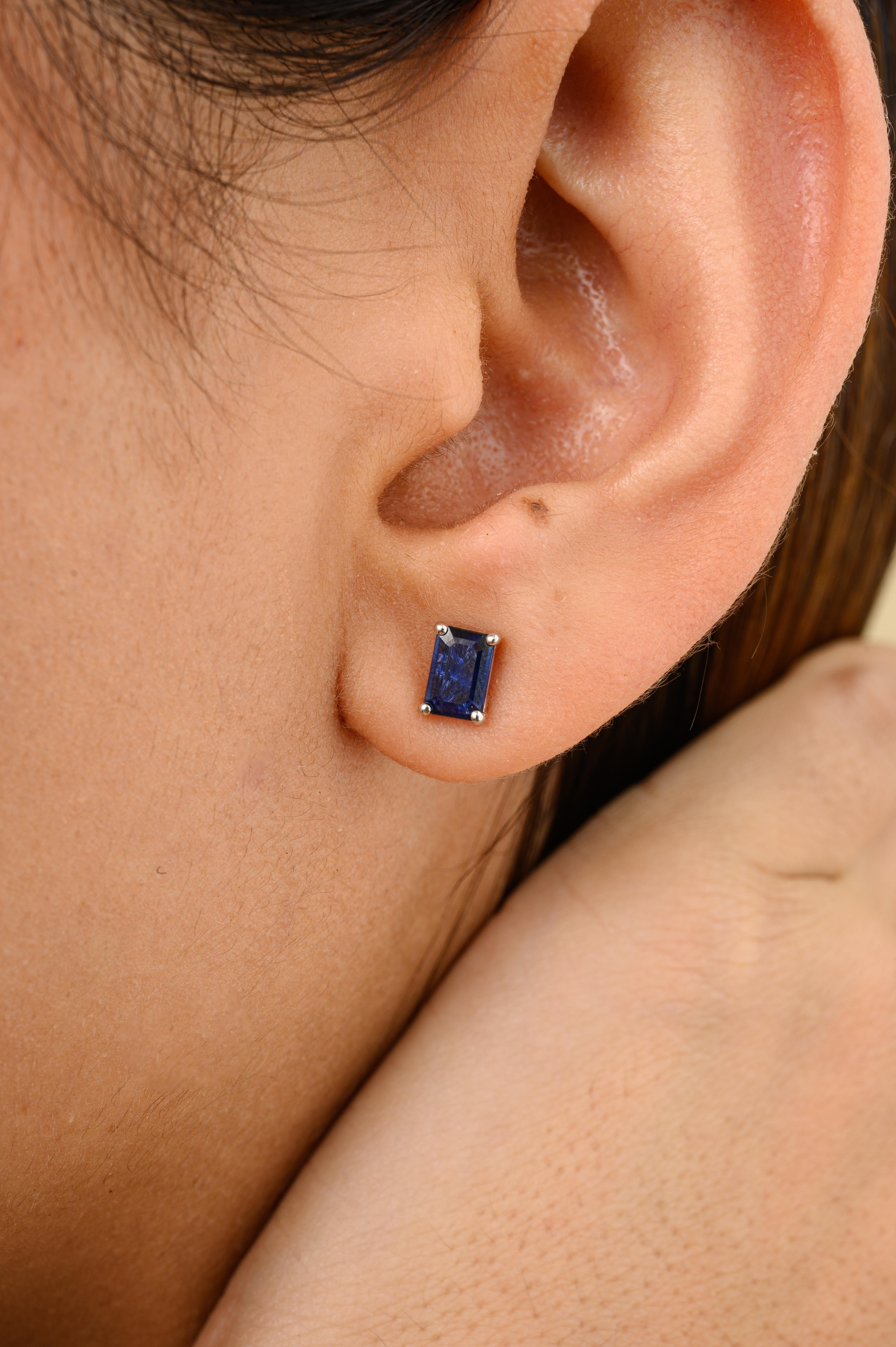 Baguette Deep Blue Sapphire Everyday Stud Earrings for Her in 14K Gold to make a statement with your look. You shall need stud earrings to make a statement with your look. These earrings create a sparkling, luxurious look featuring baguette cut blue