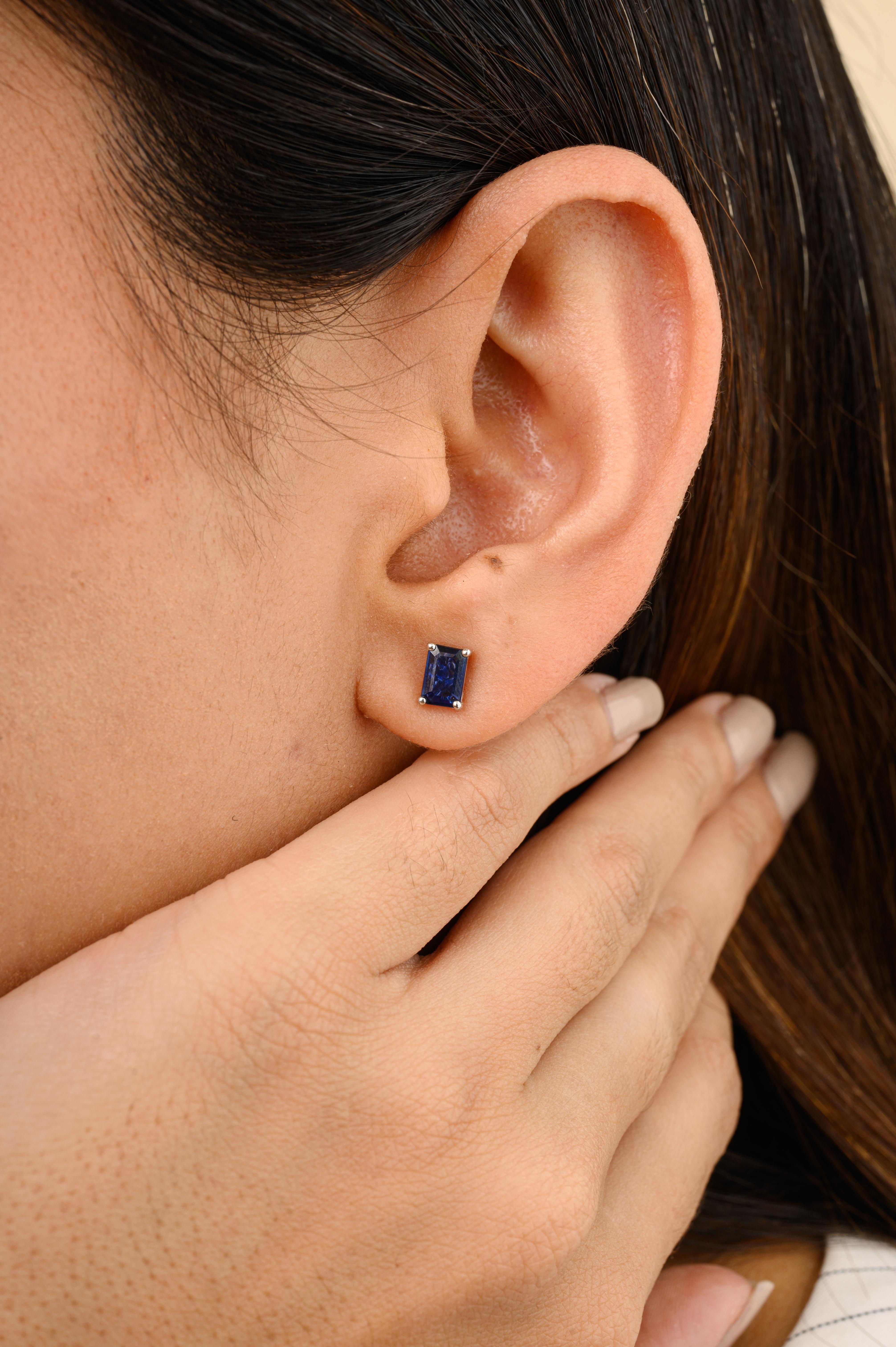 Baguette Cut 14k White Gold Baguette Deep Blue Sapphire Everyday Stud Earrings for Her For Sale