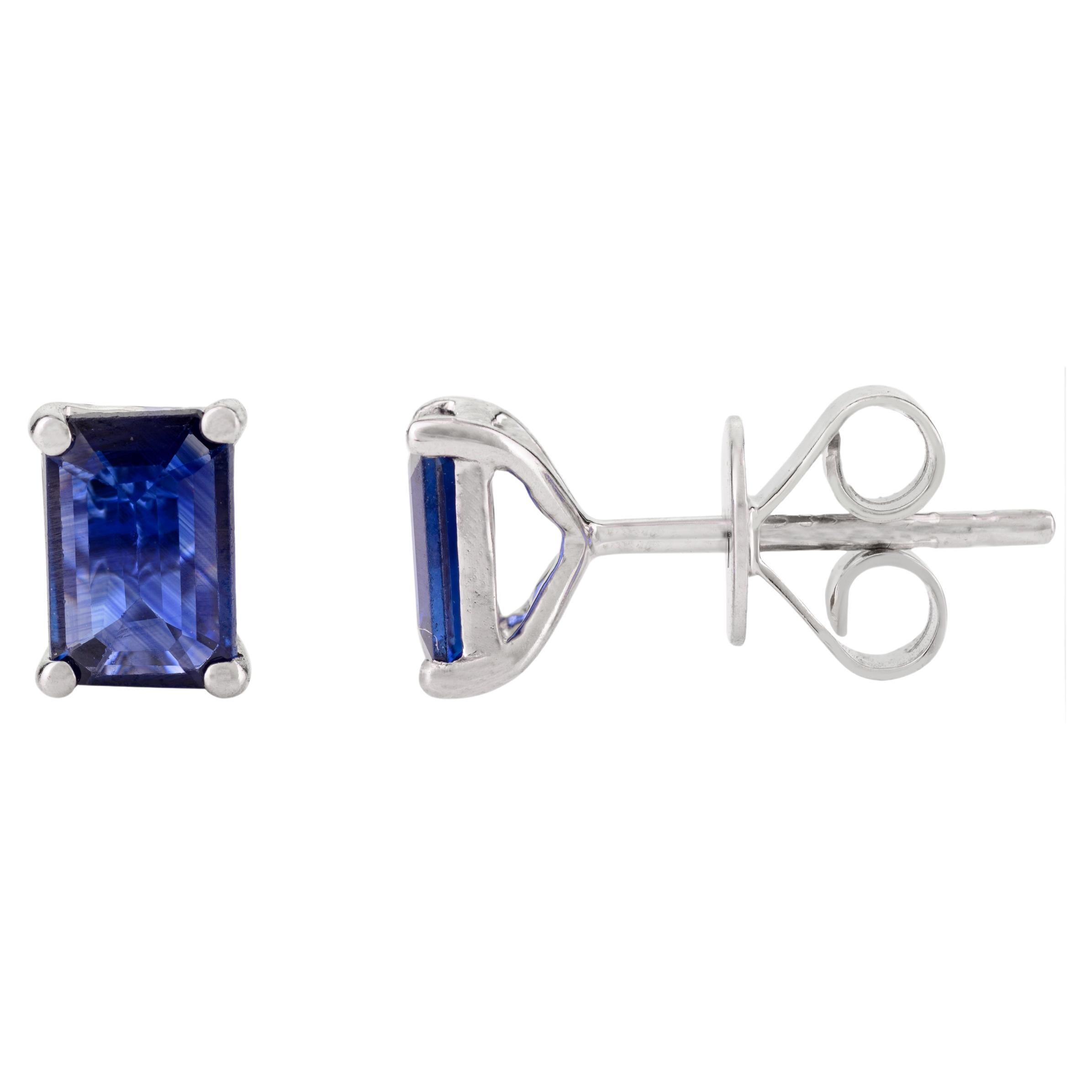 14k White Gold Baguette Deep Blue Sapphire Everyday Stud Earrings for Her For Sale