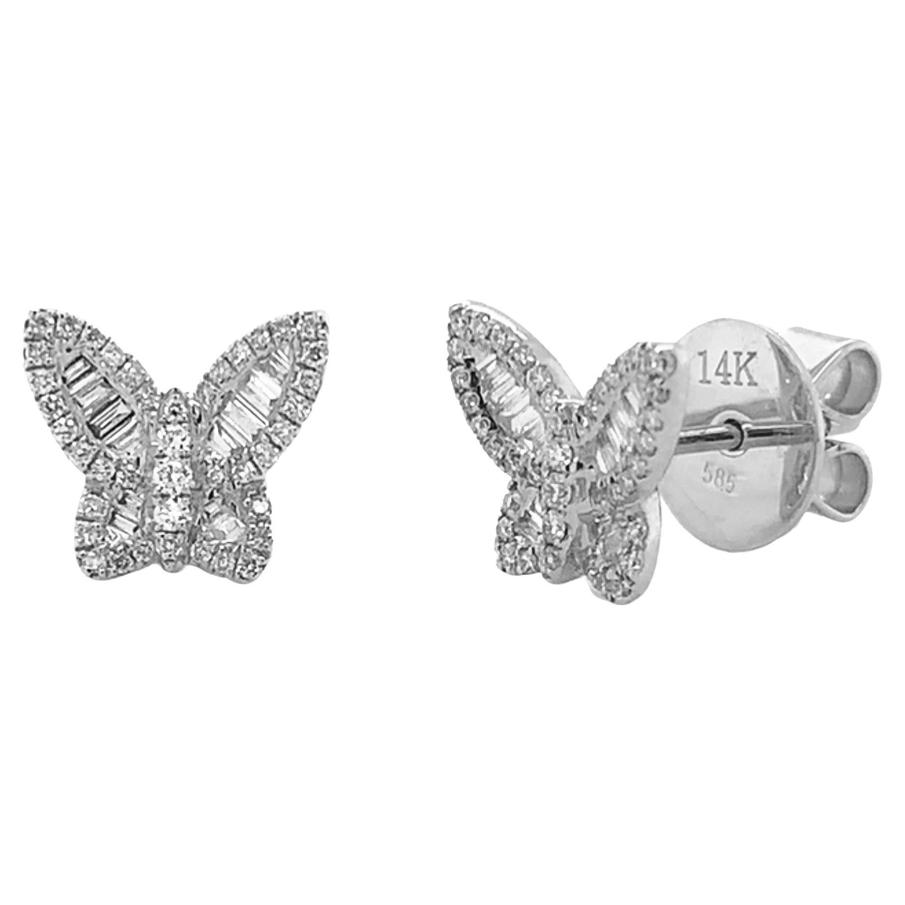 14K White Gold Baguette Diamond Butterfly Stud Earrings For Sale